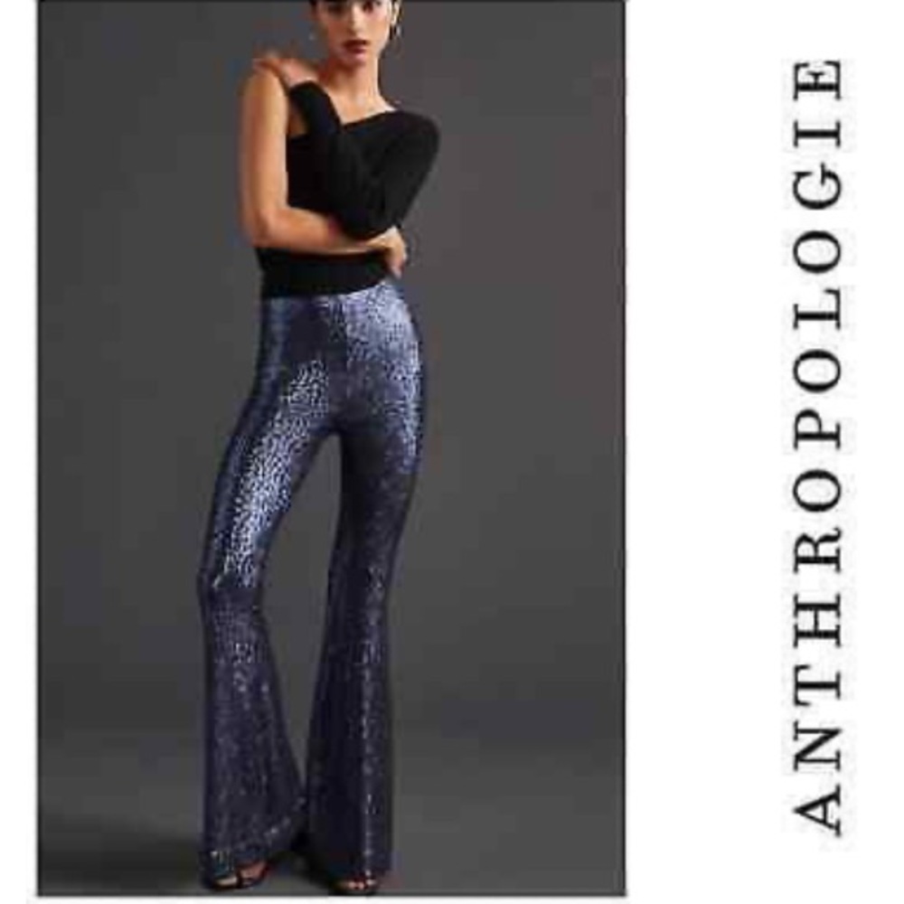 NWT Anthropologie Navy Sequin Flare Pants Size 0